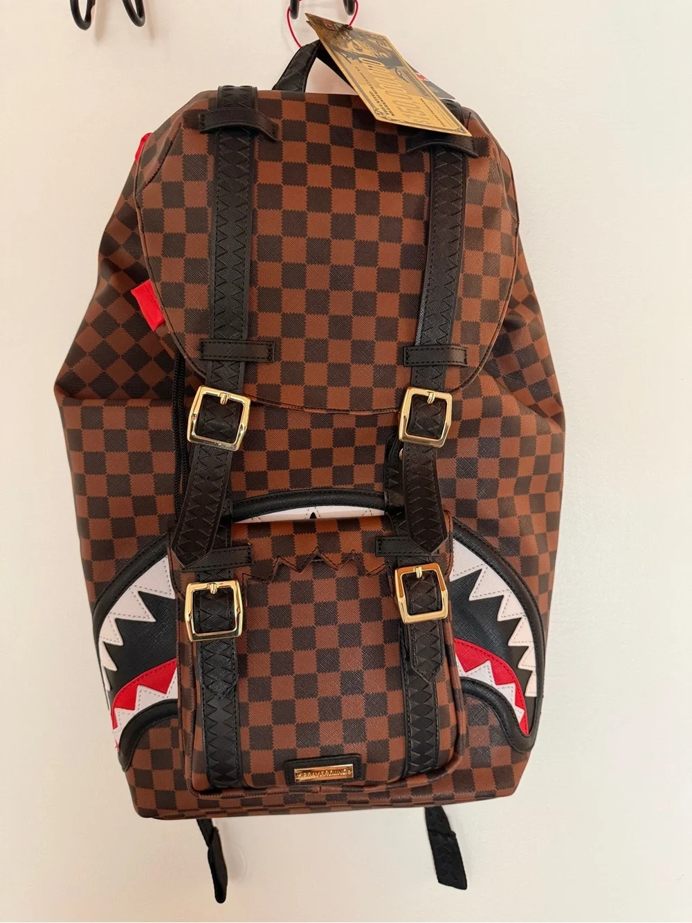 NWT SPRAYGROUND Authentic Brown Checkerboard Shark-Backpack Limited Edition